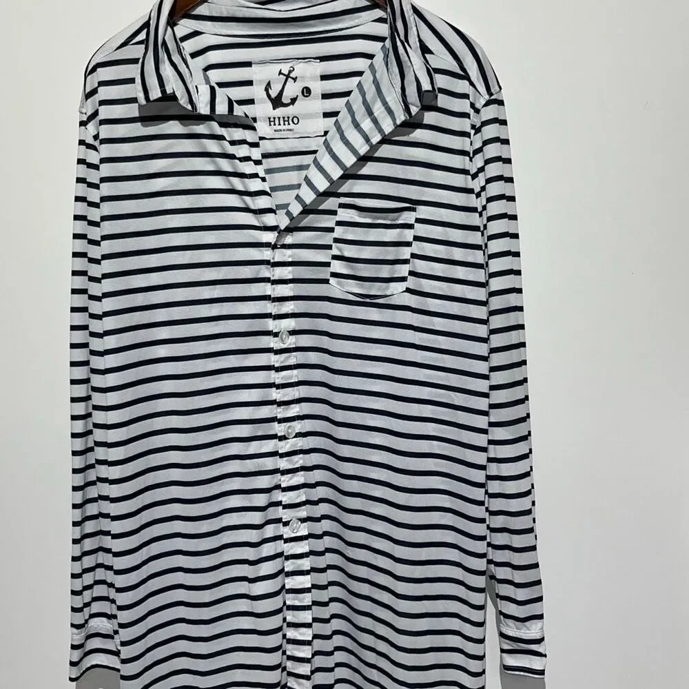 Hiho Womens Navy Blue White Striped Long Sleeve Button Down Beach Cover Up Large